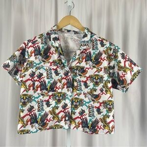 Empyre XS Graphic Crop Button Down Shirt Tiger Skull Eagle Ed Hardy Style Tattoo